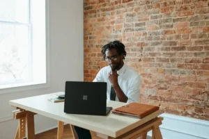 A man seated at a desk, focused on his laptop, comparing Panviva and Live Pro software solutions.